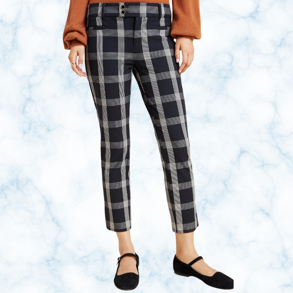 Anthropologie Essential Slim Plaid Trouser Pants Cropped Ankle US 2 UK 6 EU 34